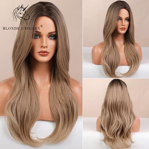 BLONDE UNICORN Long Wavy Synthetic Hair Wigs Brown Root Ombre White for Women Natural with Middle Part Heat Resistant Fiber