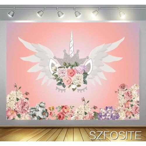 Fantastic Unicorn Wings Flying Pink Backdrop Girl Birthday Party Room Table Decoration Kids Custom Vinyl Background Photo Shoot