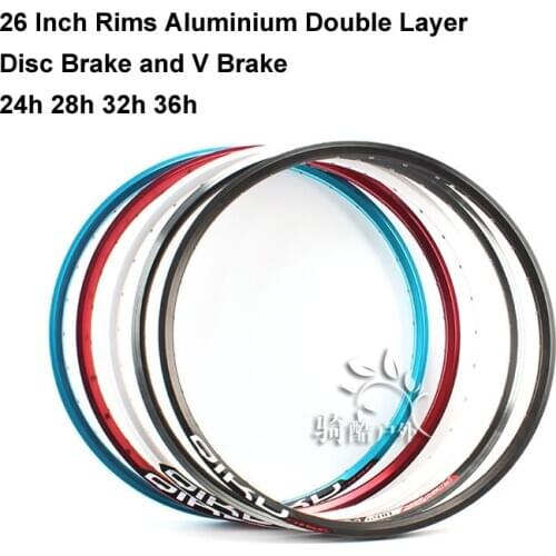 MTB 26 Inch Wheel Clincher Rims Double Layer Aluminium Alloy 24h 28h 32h 36h Holes Disc Brake V Brake