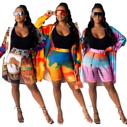2 Pieces Set Sexy Autumn Fashion Women Set 2020 new Female Tops color print Long Sleeve Shirt+Elastic Waist Shorts Outfits Suit