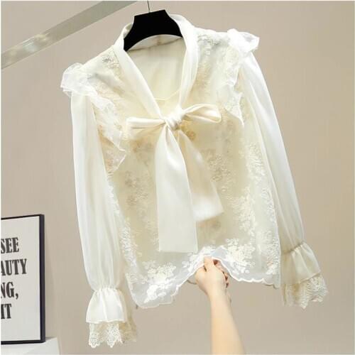 Sweet Lace Patchwork Flared Sleeves Bow Shirt Women Embroidered Flowers All-Matching Micro Transparent Apricot Blouse Tops Lady