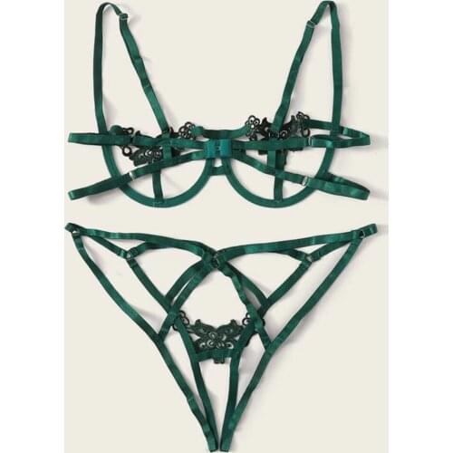 Wholesale Lace Bra Set Straps Women Hollow Out Sexy Costumes XL Black Lingerie Set Transparent bra + Panty Open Crotch