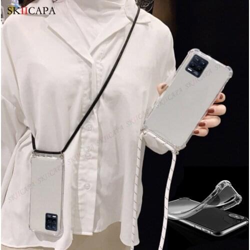 Crossbody Lanyard Airbag Shockproof Phone Case for OPPO Realme 8 Pro C21 Find X3 Pro F19 Pro Plus A54 A94 Transparent TPU Case