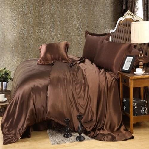Brown Gold color Luxury Silk Bedding set King Queen size Solid color brief style duvet cover set bedclothes bed sheet bed linen
