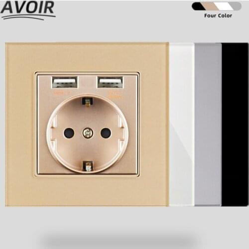 Avoir Usb Wall Socket Electrical Outlets EU European Standard Crystal Glass Panel White 86 Type Power Sockets With Dual USB 2.1A