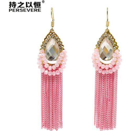Pink Black Teardrop Tassel Earrings Cute Rhinestone Crystal Beaded Statement Long Earrings For Women Bohemian Handmade Earrings