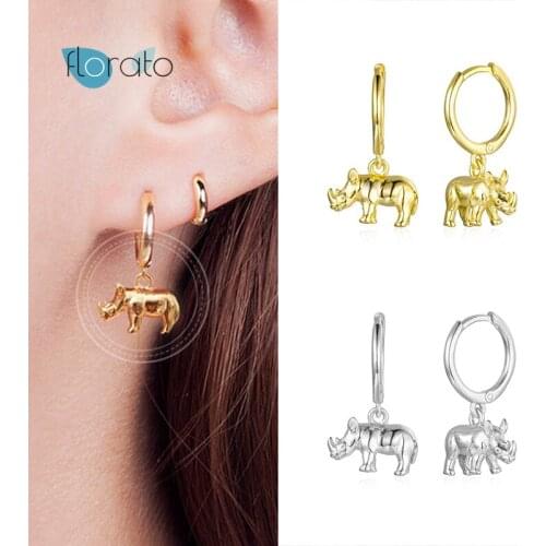 925 Silver Ear Buckle Rhinoceros Drop Hoop Earrings for Women Gold Color Animal Huggie Earrings Fashion Females Jewelry Gift