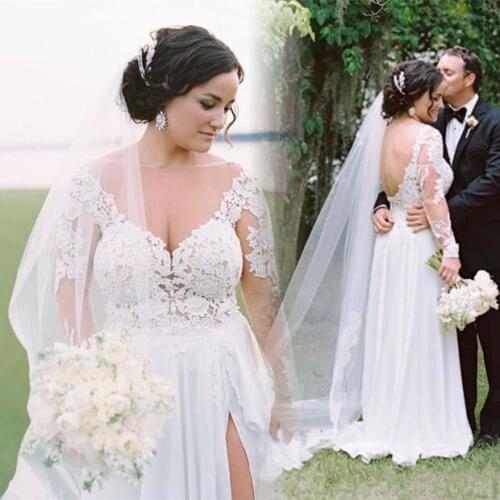Modest Plus Size Bohemian Wedding Dresses Long Sleeves Sheer Neckline 2021 Beach Bridal Gowns Chiffon Side Split Wedding Dress