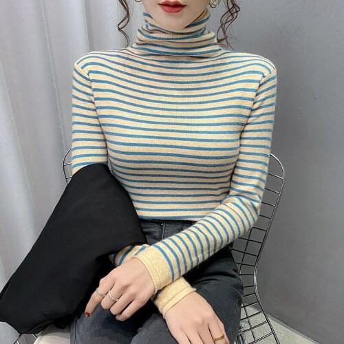 Sweater Women 2021 New Autumn Winter Turtleneck Pullover Jumper Stripe Casual Knitted Tops Sweters Women Clothes Blusa Inverno