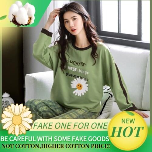 Spring Autumn New 100%Cotton Elegant Womens Pajama Sets Pyjamas Cartoon Print Sleepwear Long Pijama Mujer Nightsuit Home Lounge