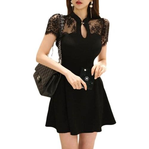Vintage lace one piece korean ladies Summer Black A line sexy V neck Mini Sexy party Dresses for women clothing