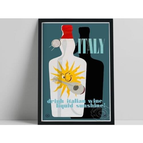 Vintage European Advertising Poster, Drink Italian Wine Liquid Sunshine Canvas Painting, Colored Italy Drinks Poster Wall Decor