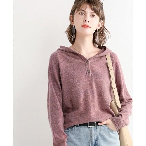 High quality soft new winter hat collar 100% cashmere sweater womens hooded pullover plus size short base shirt loose and warm