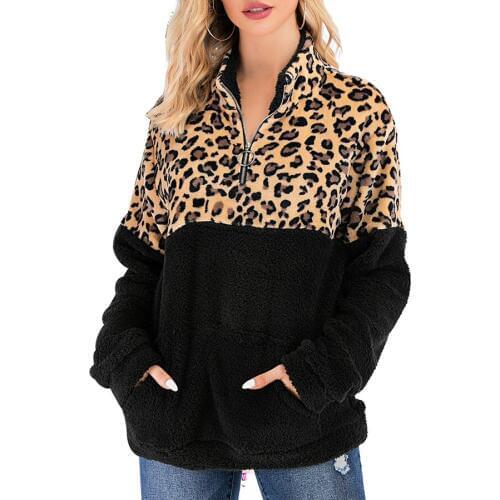 Leopard Print Patchwork Hoodie 2019 Women Winter Zipper Kangaroo Long Sleeve Sweatshirts Casual Pullover Hoodies Female Coat 101