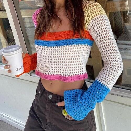 Y2k Women Sweater Crochet Color Block Square Neck Hollow Crop Top