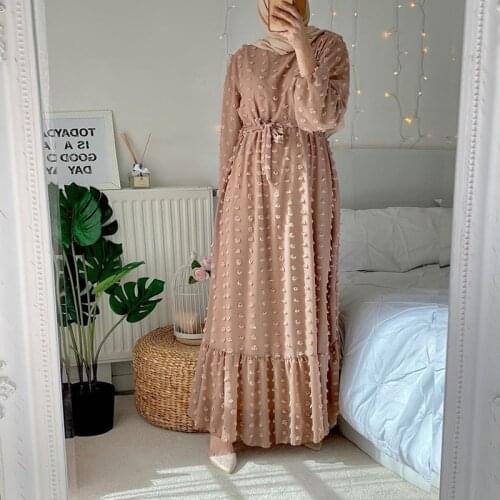 Solid 3D Pompon Maxi Long Dress for Women Fall 2020 O Neck Full Sleeve Muslim Duabi Turkey Qtar Oman Arabic Clothes