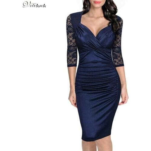 VITIANA Women Autumn Red Blue Patchwork Lace Dresses Sexy Half-Sleeve V-neck Sheath Evening Bodycon Party Dress Vestidos