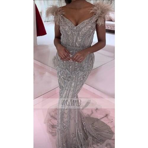 2021 Best Deal Online Evening Formal Gowns Champagne Feather Shoulder Hand Beading Bodice Sexy Prom Party Women Evening Dress