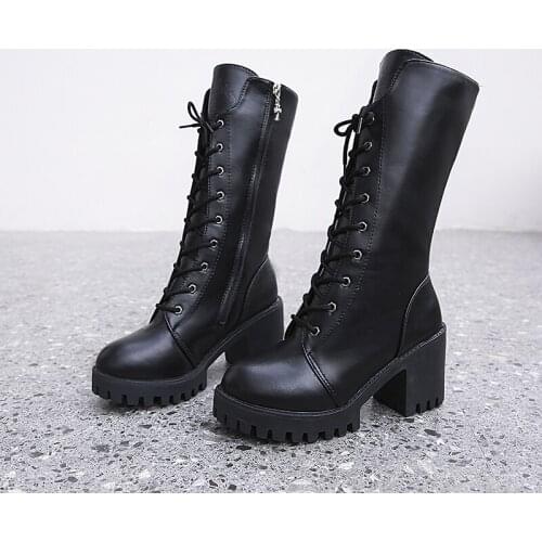 Winter new military riding combat boots Women knee high boots laceup patent leather short plush thick heel rivets Botas Muje PU