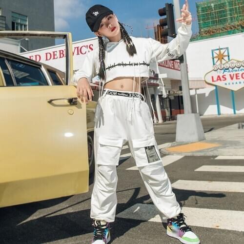 Kids Hip Hop Clothing Street Dance Suit White Tops Pants Girls Long Sleeve Hoodies Jazz HipHop Perofrmance Stage Costume VDB2705
