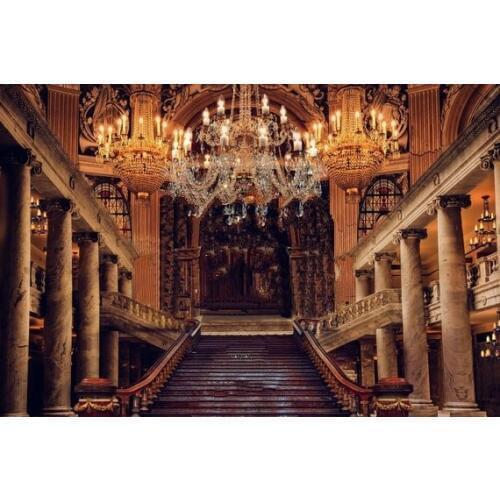 Beauty fairy tale ballroom staircase chandelier beast backgrounds belle princess kids party backdrop