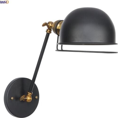 IWHD RH Black Single Arm Retro Wall Lights For Home Lighting Bedroom Stair Mirror Light Loft Decor Industrial Vintage Wall Lamp