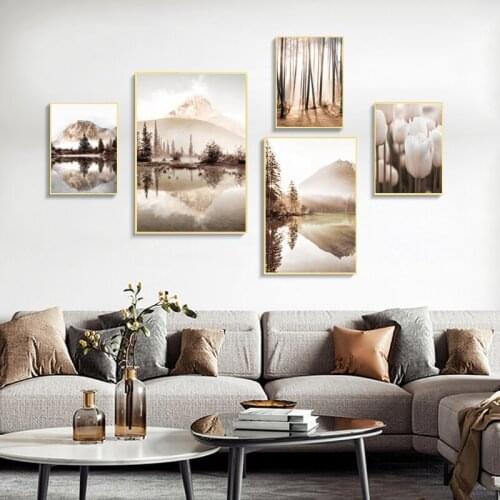 Landscape Pictures Nordic Lake Mountain Landscape Flower Canvas Painting Wall Art Posters Printing Living Room Home Decoration