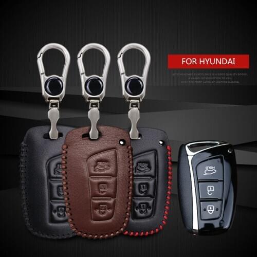 Leather Car Key Case Cover for Hyundai Kona Santa Fe I10 I20 I40 I30 Hb20 IX20 IX35 Creta Tucson Solaris Sonata Keyring Chain