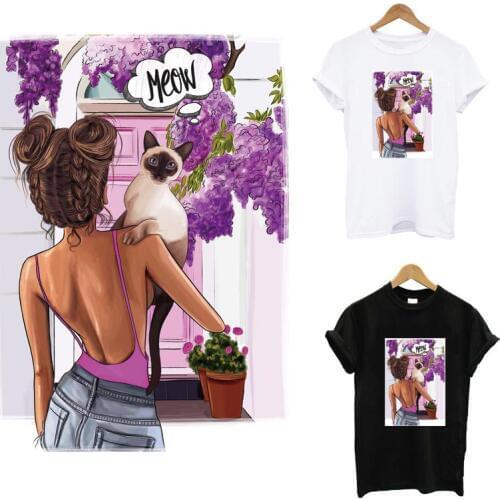 Beauty Girl&Cat Design Patches Iron-On Transfers For Clothing DIY T-shirt Hoodies Jacket Thermal Transfers Sticker Applique Y-16