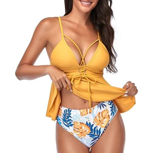 2021 Hot Arrival Laced Up Harness Front Tankini Sets Push Up Padded Ruffle Hem Bikini Swimsuit Two Piece Bathing Suit Swimwear
