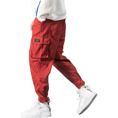 2021 Men Multi-pocket Elastic Waist Design Harem Pant Street Punk Hip Hop Red Casual Trousers Joggers Male Army Cargo Pants 5XL
