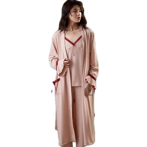 10868c-21Spring Autumn pajamas Three-Piece Pajamas Women Sling Nightgown Suit Maiden Sexy Homewear Cool Thin Sleepwear
