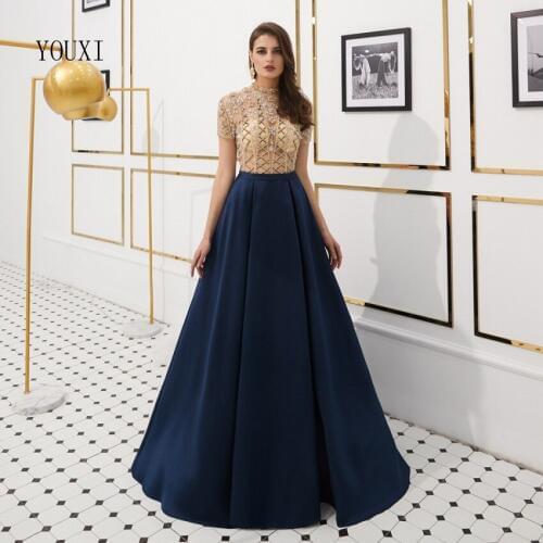 Luxury Beaded Crystal Evening Dresses 2019 Formal Satin Prom Gowns A-Line High Neck Purple Gold Blue Green
