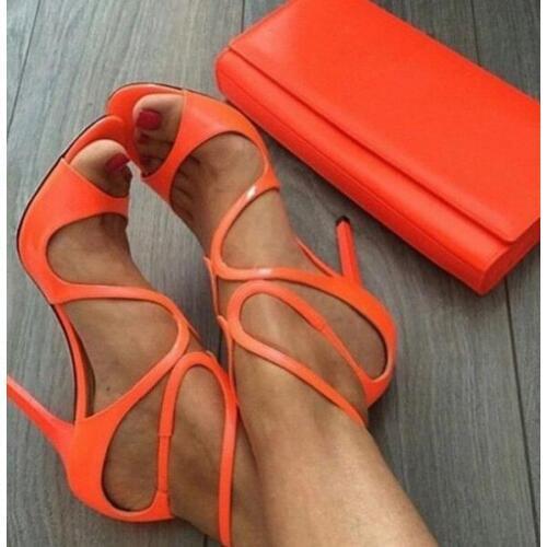 Carpaton Orange Patent Leather High Heel Shoes Sexy Peep Toe Ankle Strap Thin Heels Sandal for Woman Cutouts Gladiator Heels