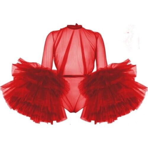 Sexy See Through Red Jumpsuit With Puffy Full Sleeves Ruffles Tiered Tulle Rompers For Women