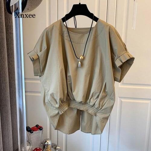 Japanese Woman Lace Up Tops Causal 2021 Summer Korean Bow Tie Irregular Blouse Shirt New Puff Sleeve O-Neck Blusas Clothing