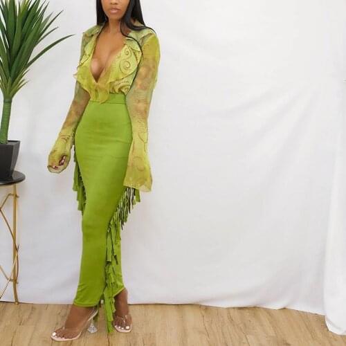 Cutubly Ankle Length High Waist Skirt Fashion Slim Stretchy Skinny Solid Tassel Spring Autumn Clothing Maxi Skirts For Women