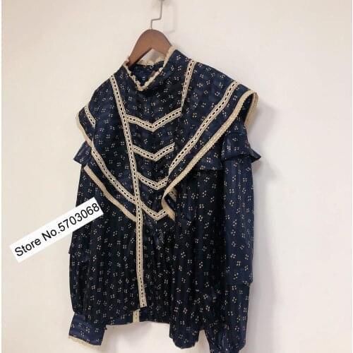 Ladies Floral Printed Ruffled Blouse Shirt Top With Hollow Out Patchwork Detail