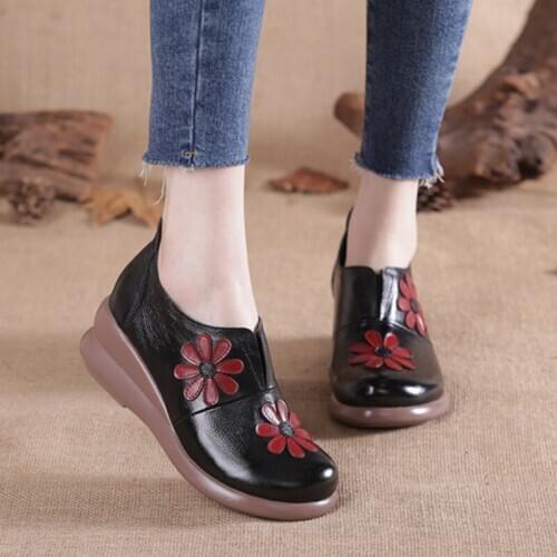 Women Flat Shoes Soft Genuine Leather Casual 5 Cm Platform Autumn Slip-on Womens Flats for Mon Shoes for Gifts New