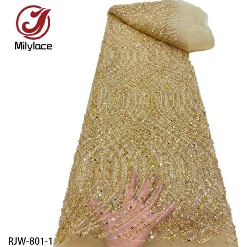 Hot Sale Sequin Embroidered Mesh Lace High Quality 5 Yards Nigeria Lace Fabric Heavy Beaded Lace Fabric for Dresses RJW-801