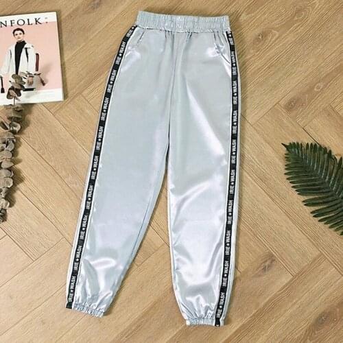 2021 Women Pants Joggers Pants Women Glossy Ribbon Trousers Harajuku Sweatpants Womens Loose Cargo Pants Big Pocket Satin High