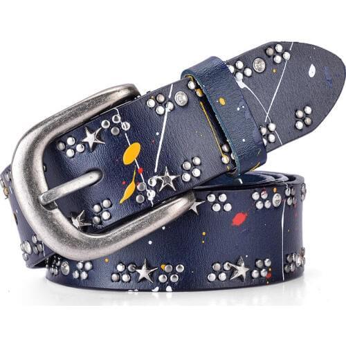 2019 Fashion Women Belts Good Quality Leather Casual Waist Straps Popular Stars Rivets Belts Metal Buckle Luxury Graffiti Belts