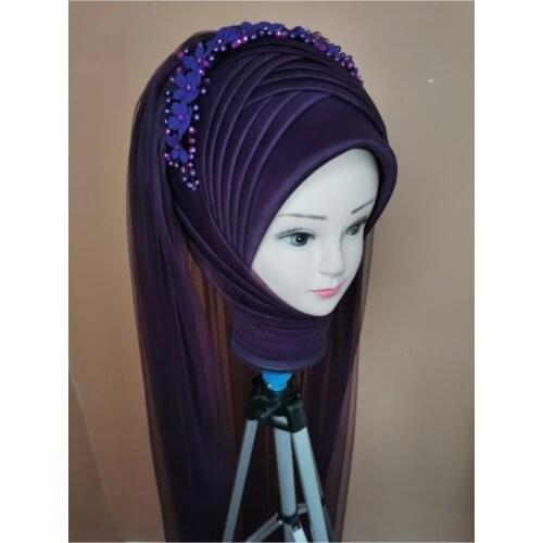 Womens Purple Color Muslim Hijab Scarf Ready to Wear Turban Islamic Headscarf Female Head Wraps lycra tulle wedding party