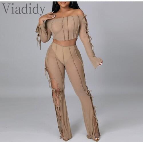 Women Sexy See Through Long Sleeve Off Shoulder Top and High Waist Side Slit Bandage Pants 2pcs Set