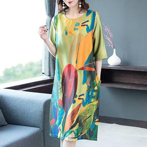 Imitate Silk dress female summer new retro print loose half-sleeved dress large size L-4XL elegant and comfortable vestidos