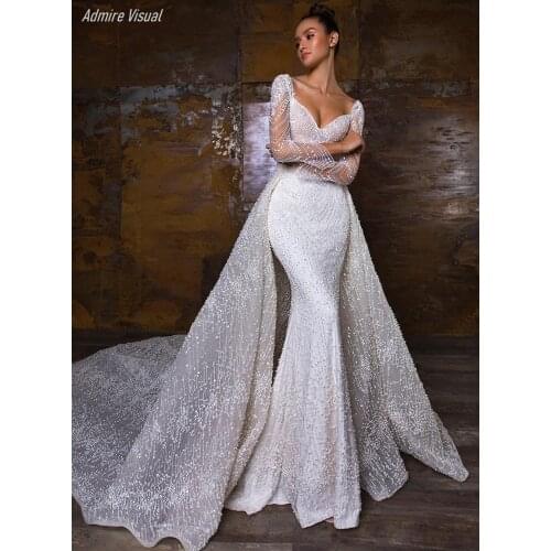 Wedding Dress Mermaid Lace Elegant Sweetheart Neckline Full Sleeves 2 in 1 Long Plus Sizes Bride-Gown