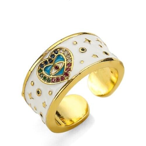 2020 Fashion Black/White Dripping oil Ring For Women Unique Design Heart Evil Eye Ring Adjustable Size Party Jewelry Gift