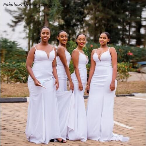 White Mermaid Spaghetti Strap Bridesmaid Dresses 2020 African Nigerian Sweep Train Vestidos Party Wedding Guest Dress Gown