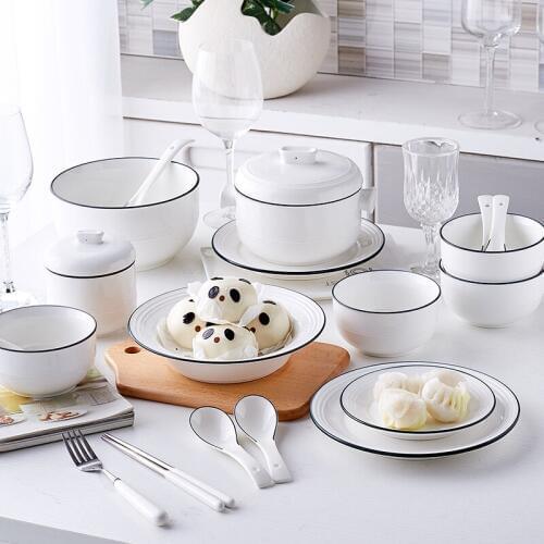 Household Simple Japanese Blue-edged Bowl and Plate Combination Jingdezhen Ceramic Tableware Set