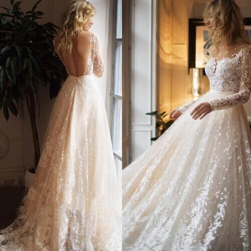 Elegant Flocked Polka Dot Tulle Wedding Dresses With Appliques A Line Scoop Neck Open Back Long Sleeves Champagne Bridal Gown